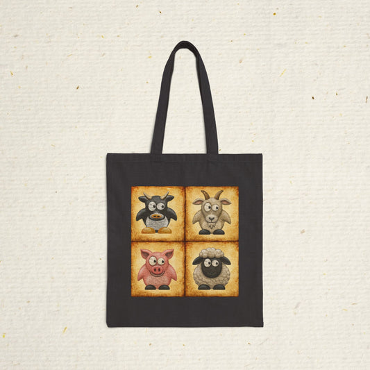 Black cotton canvas tote bag featuring vintage farm animal artwork with cow, goat, pig and sheep illustrations