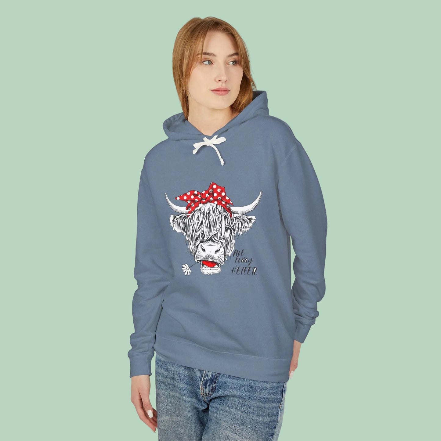 White Highland cow hoodie featuring hand-drawn cow with red polka dot bandana and Not Today Heifer graphic