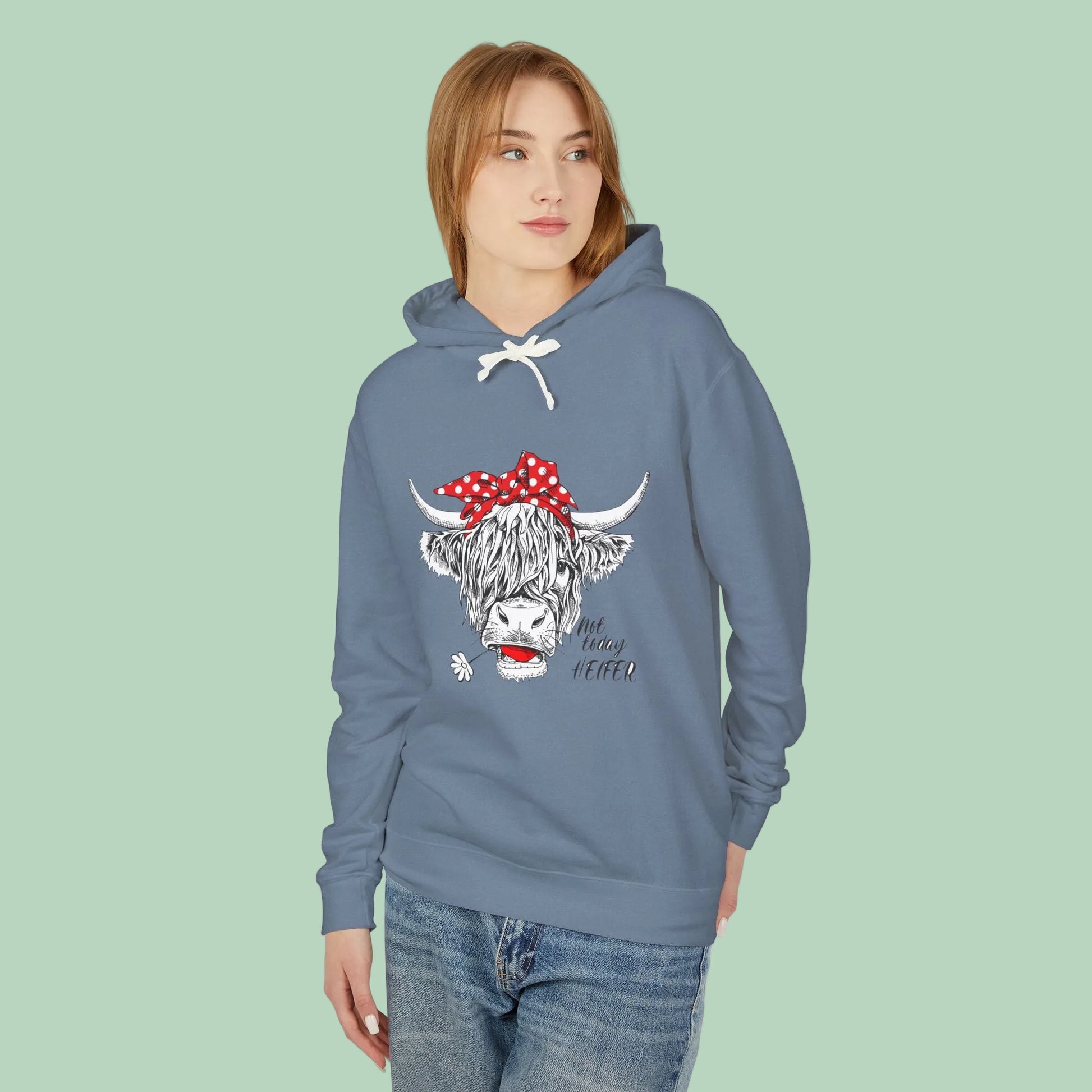 White Highland cow hoodie featuring hand-drawn cow with red polka dot bandana and Not Today Heifer graphic