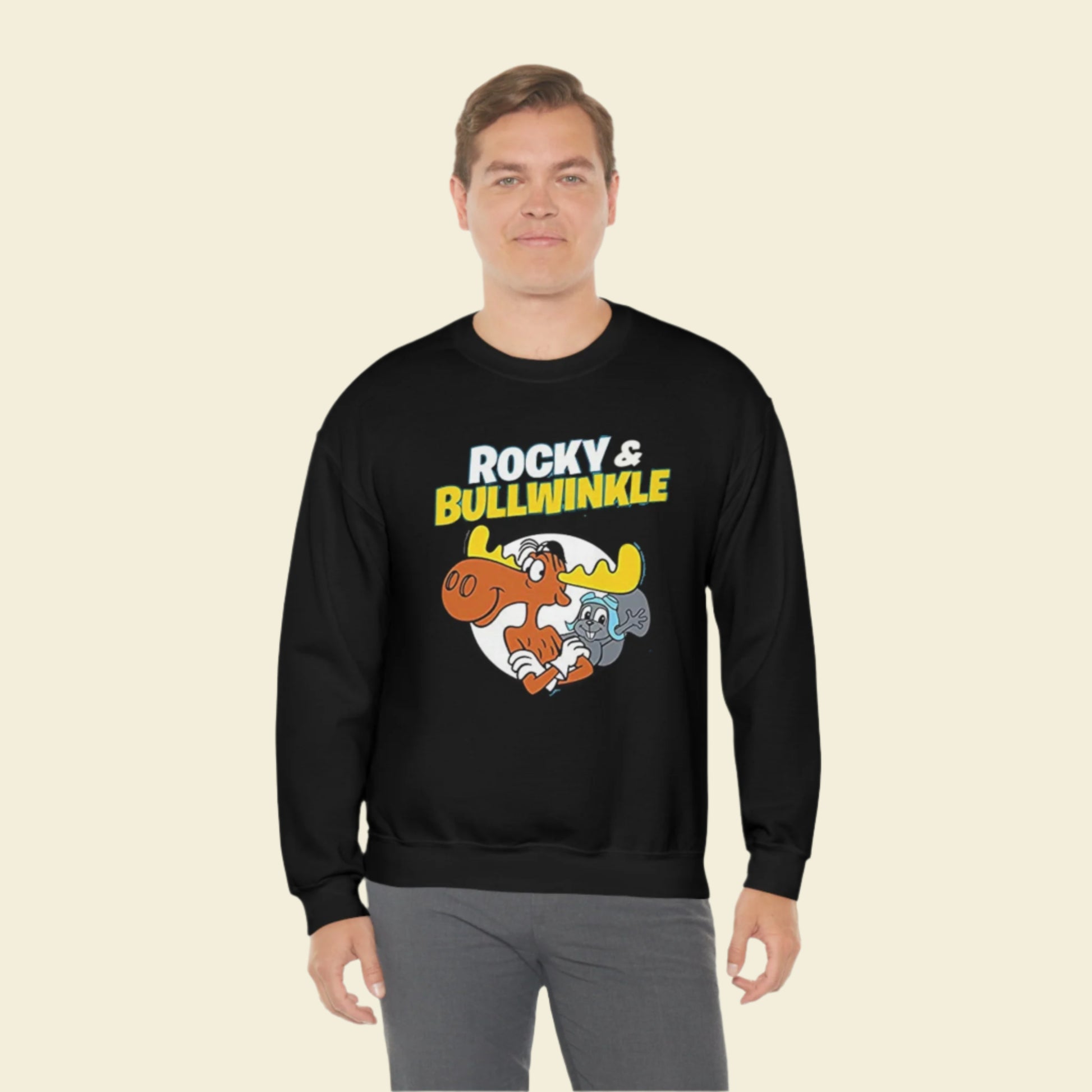 60s cartoon Rocky and Bullwinkle Unisex Heavy Blend™ Crewneck Sweatshirt Gildan 18000. Black sweater. 