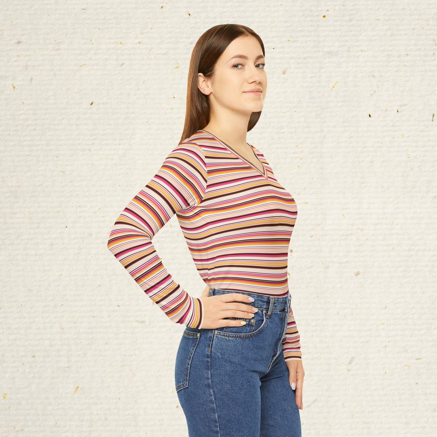 Women’s Retro Stripe V-Neck Long Sleeve Top | Vintage Inspired Lightweight Knit Shirt