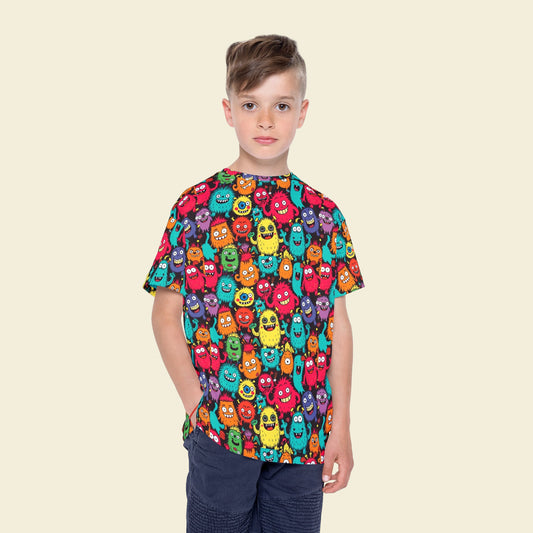 Moisture wicking kids Monster back to school t-shirt for Going back to school supplies on a plain background. 