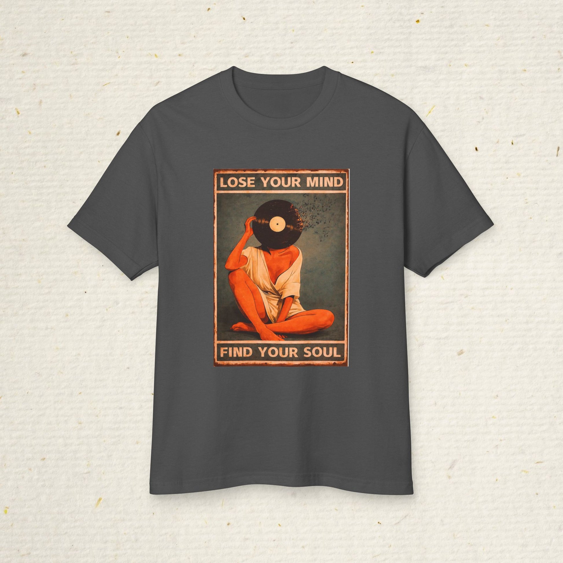 vintage vinyl record graphic print on garment dyed t shirt