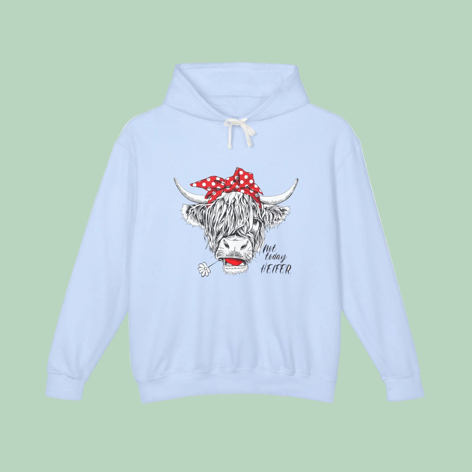 White Highland cow hoodie featuring hand-drawn cow with red polka dot bandana and Not Today Heifer graphic