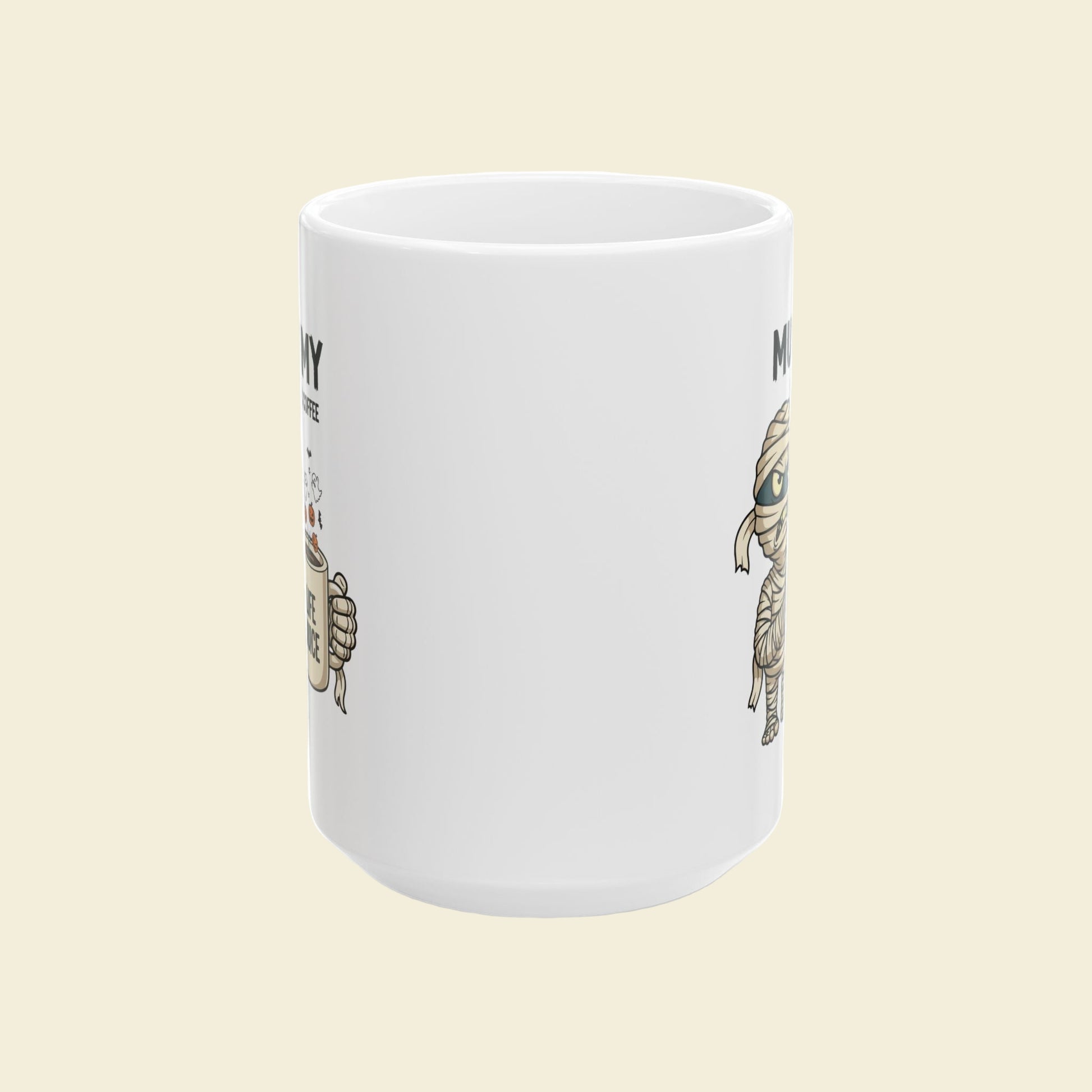 White Halloween mummy mug with decorative handles on a white background