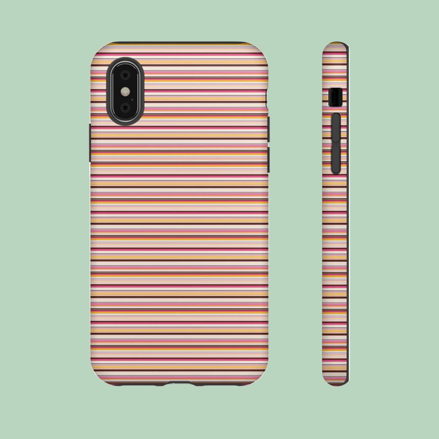 Retro stripe protective phone case with vintage pink mustard and brown striped design for Samsung and iPhone models.