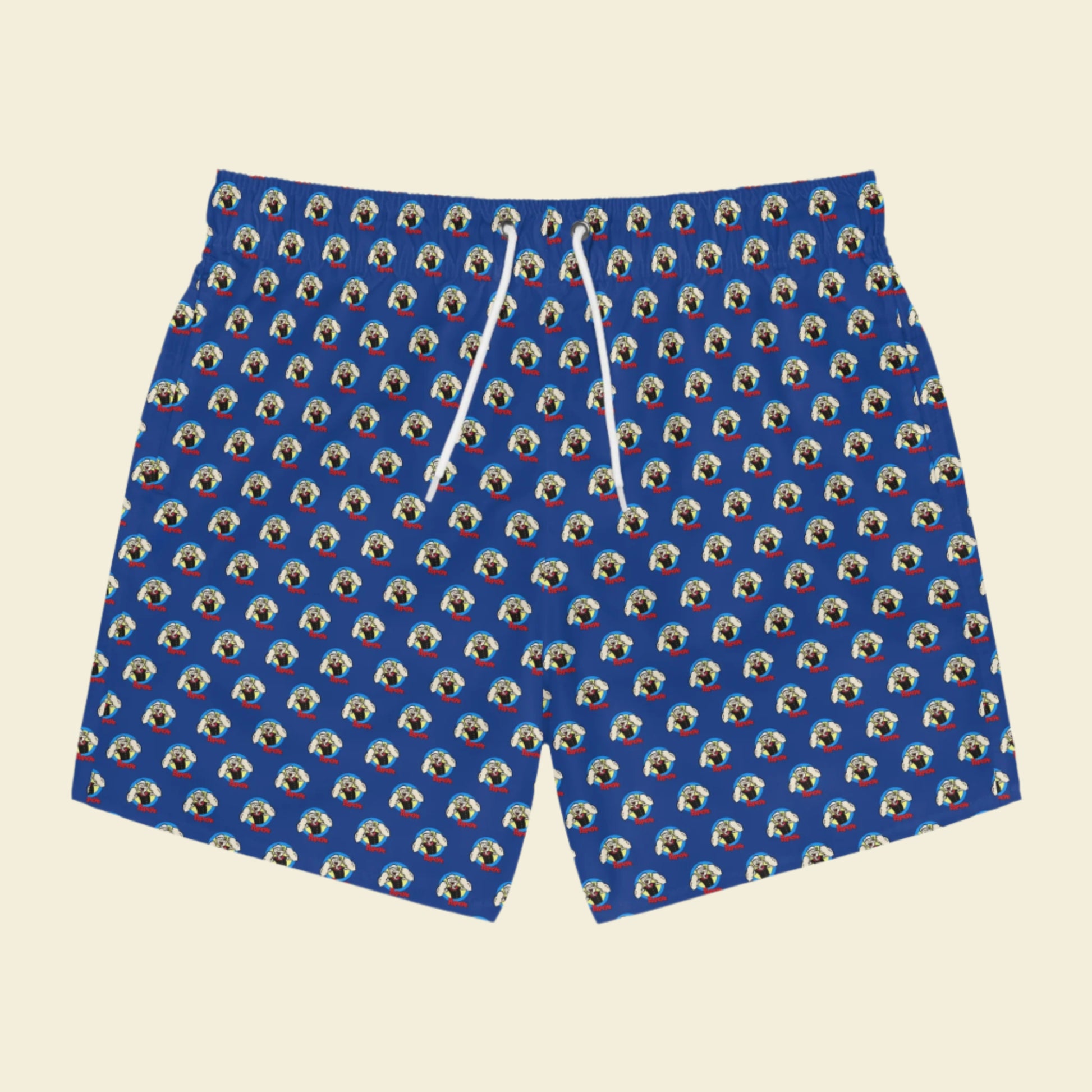 Popeye cartoon swim trunks. Popeye Swim shorts. Blue swim shorts make a great popeye gift. Ideal for Vacations.