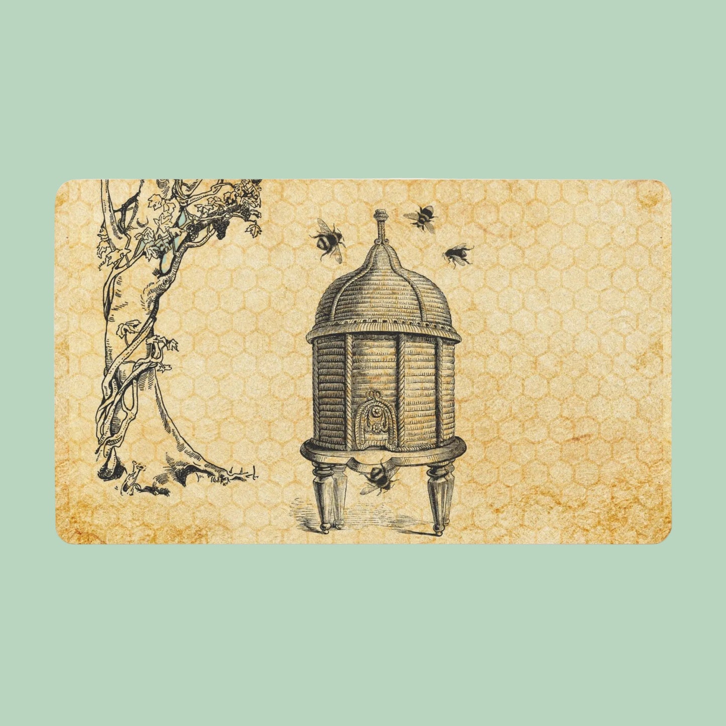 Vintage beehive welcome mat featuring antique bee illustration and honeycomb background for farmhouse home decor