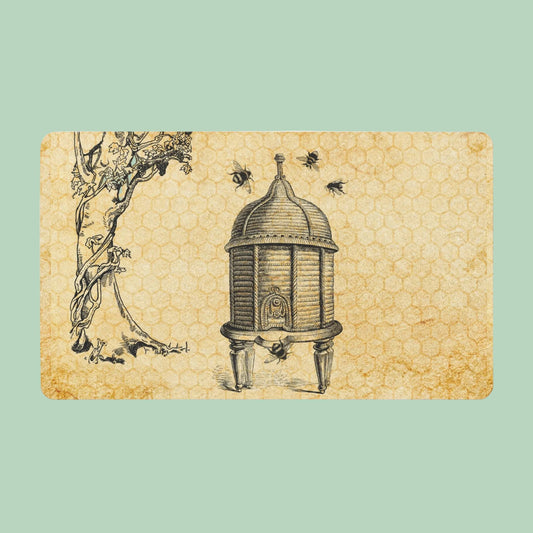 Vintage beehive welcome mat featuring antique bee illustration and honeycomb background for farmhouse home decor