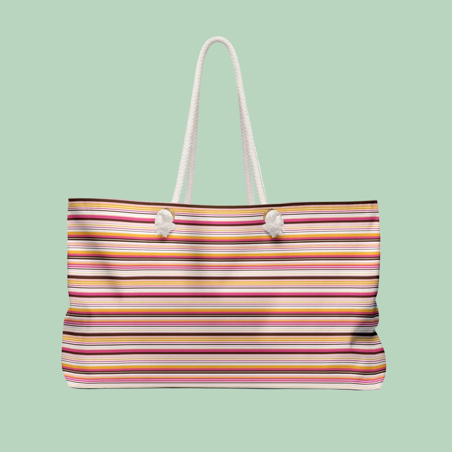 Large retro stripe weekender bag with rope handles in pink, amber and cream stripes