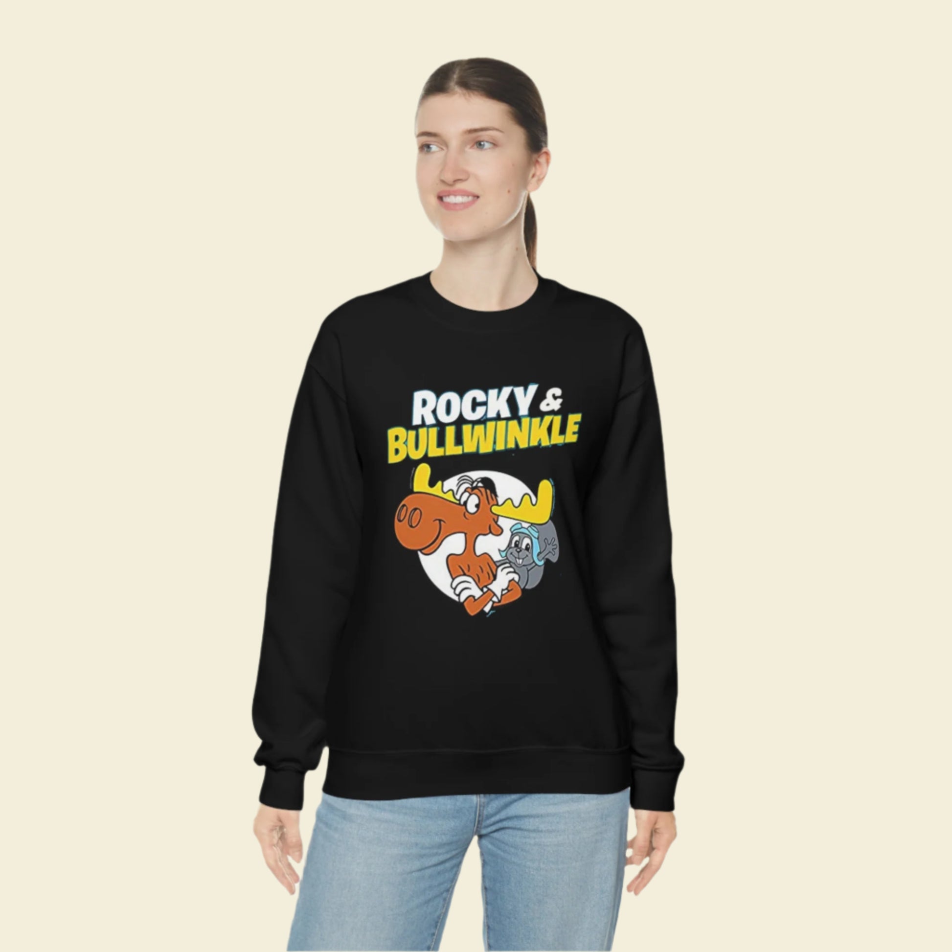 60s cartoon Rocky and Bullwinkle Unisex Heavy Blend™ Crewneck Sweatshirt Gildan 18000. Black sweater. 