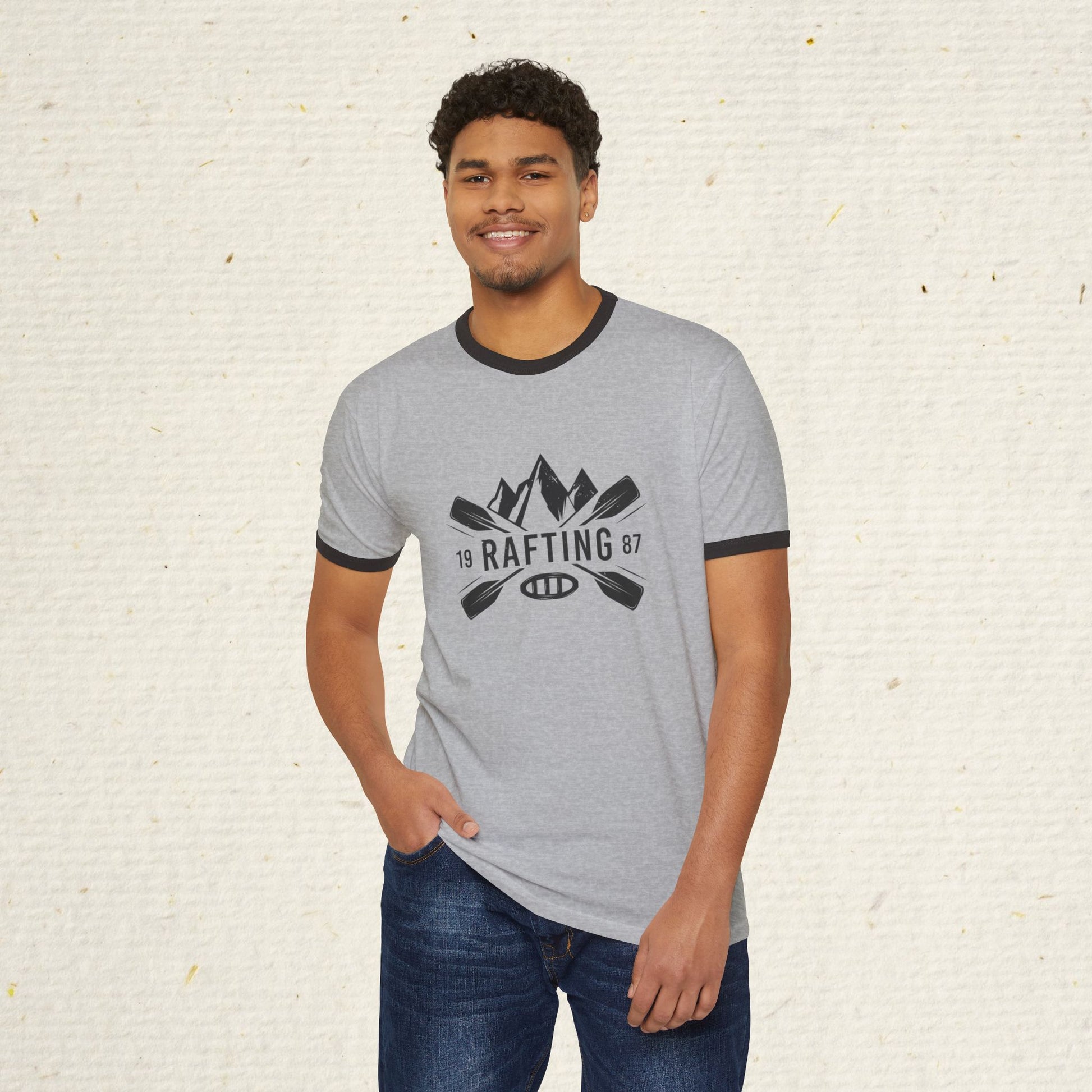 Retro Rafting Ringer T-Shirt | Vintage River Raft Graphic Tee | Lightweight Outdoor Adventure Shirt for Rafters