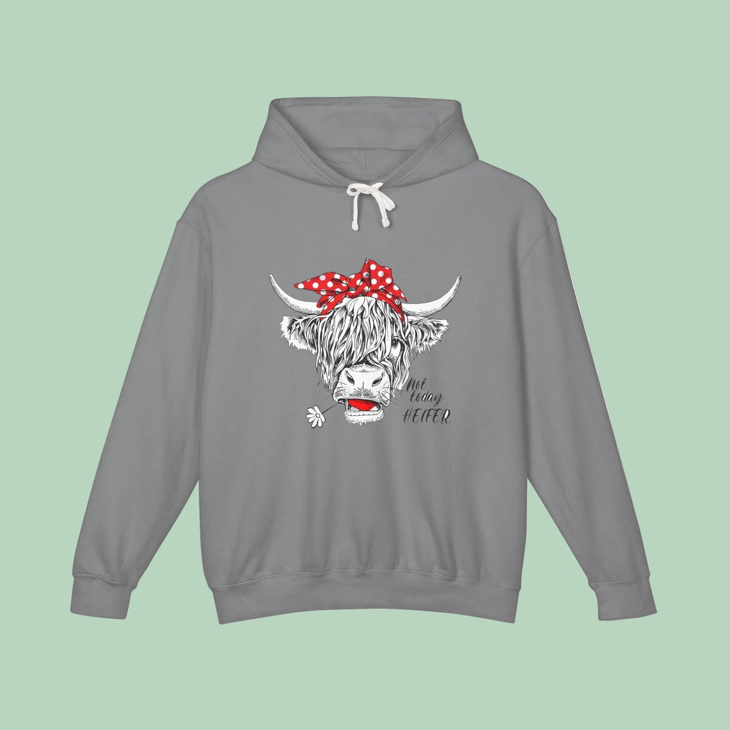 White Highland cow hoodie featuring hand-drawn cow with red polka dot bandana and Not Today Heifer graphic