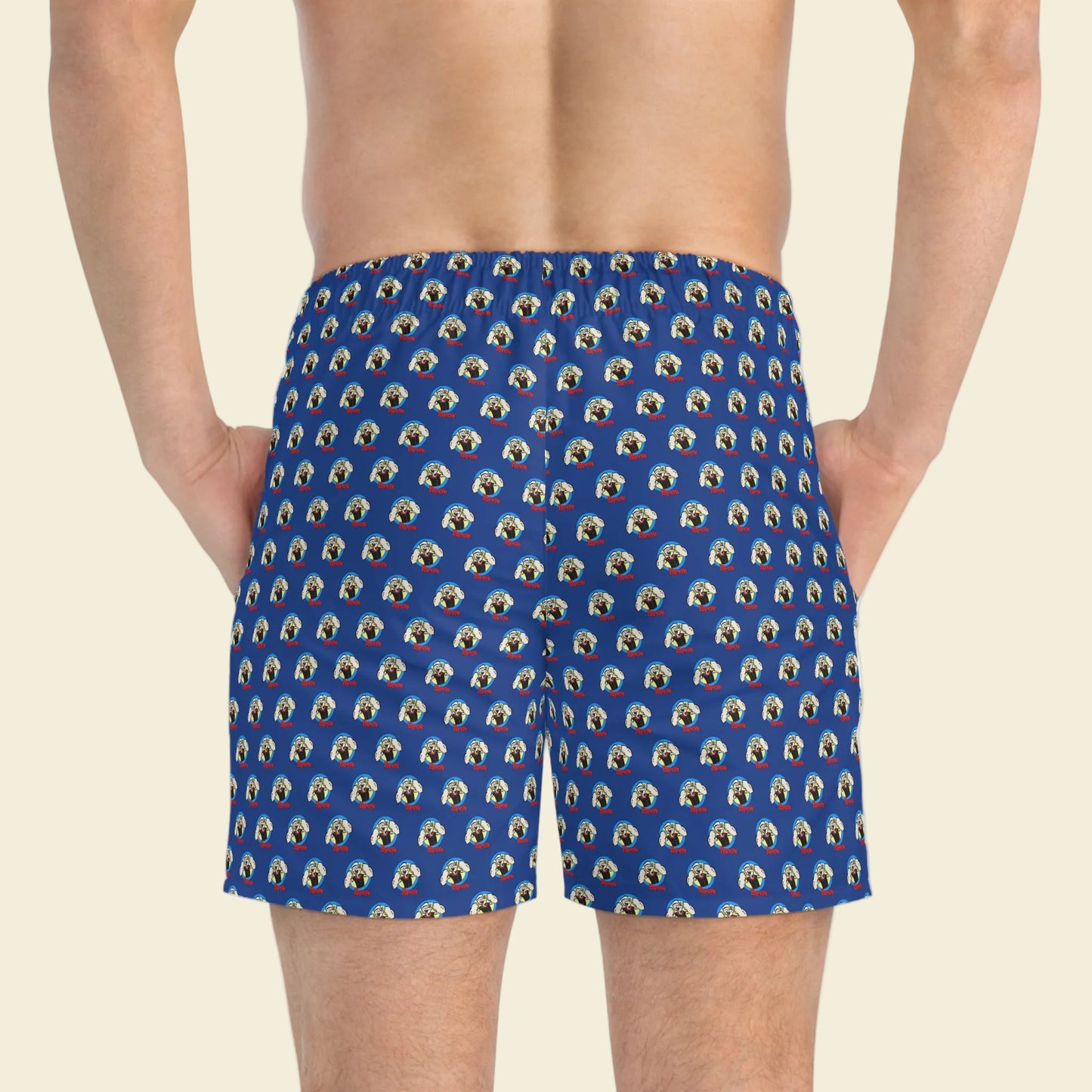 Popeye Swim Trunks: Retro Cartoon Swim Shorts for Men, Blue Popeye Swimwear, Fun Vacation Beach Shorts