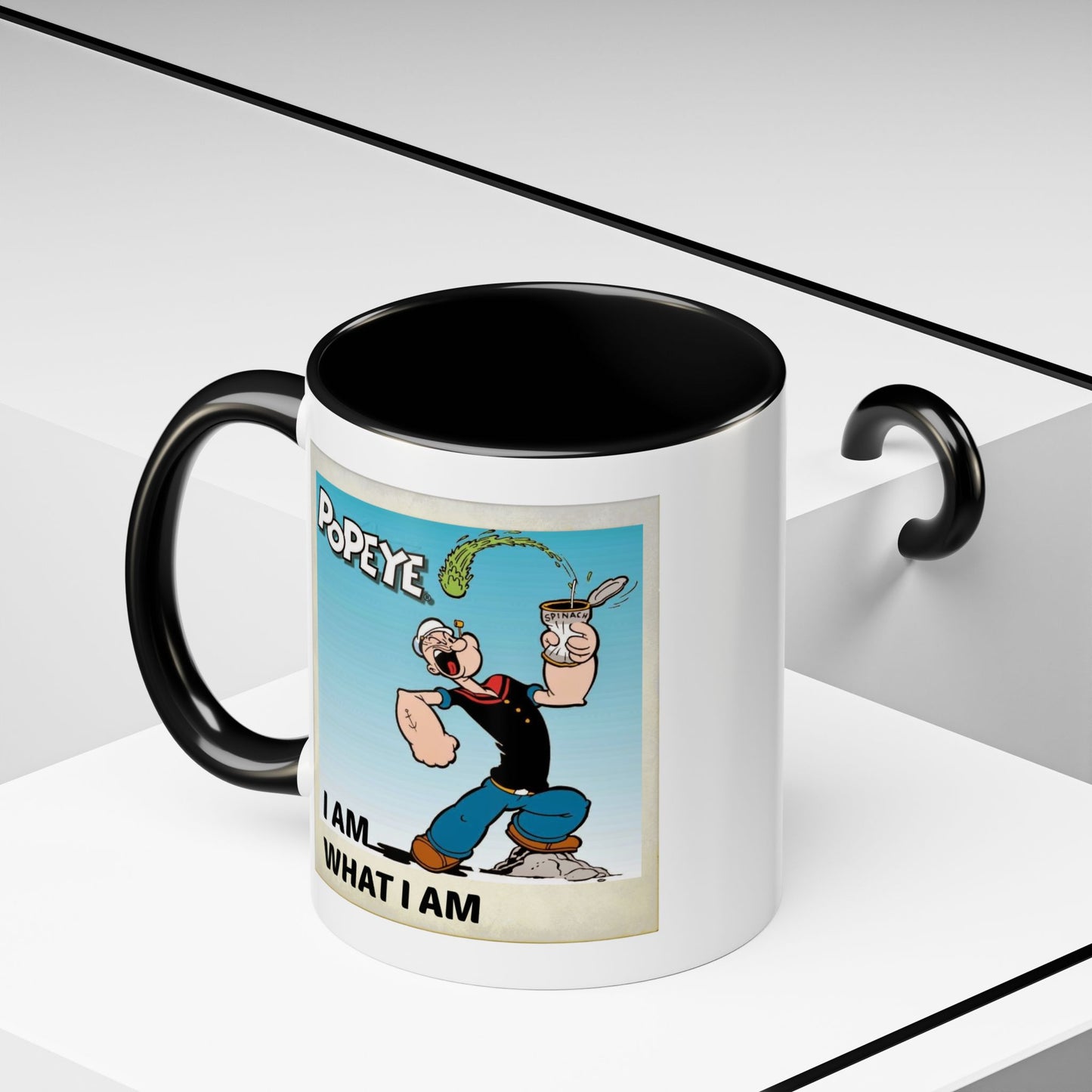Popeye "I Am What I Am" Coffee Mug for lovers of vintage cartoons. Coffee cup gift for him. Funny novelty ceramic mug. Fun Kitchen Decor.