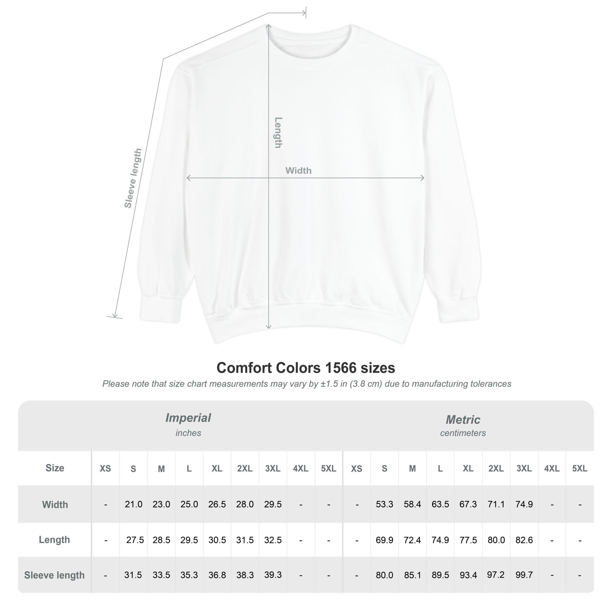 Measurement chart for a white t-shirt with dimensions labeled on a white background
