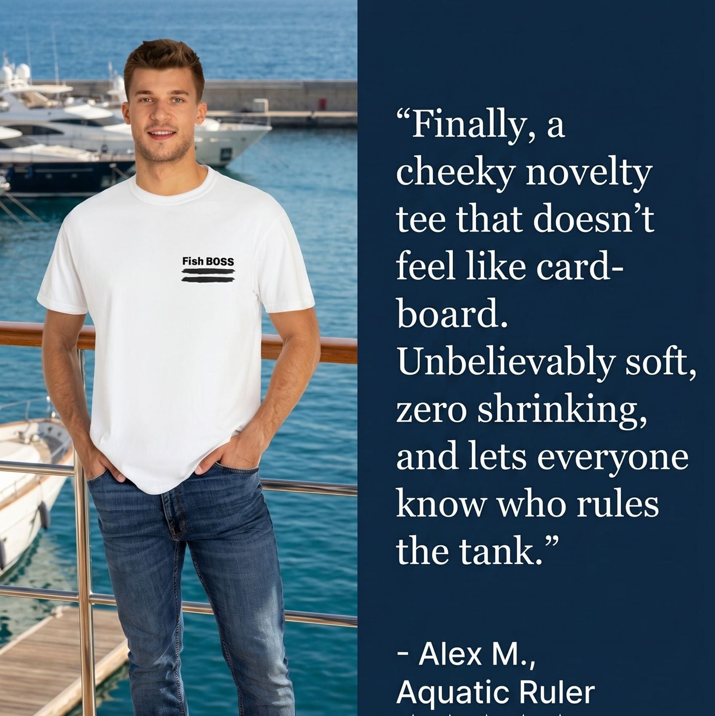Man wearing a white t-shirt with text on a dock by water, with a quote and review on the right.