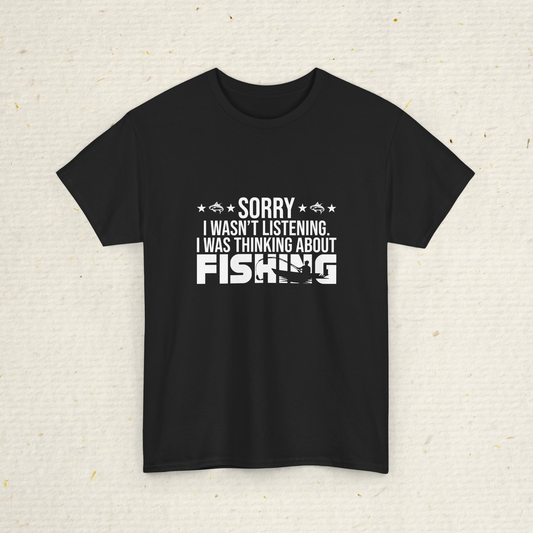 Men's fishing shirt with white text on a textured beige background