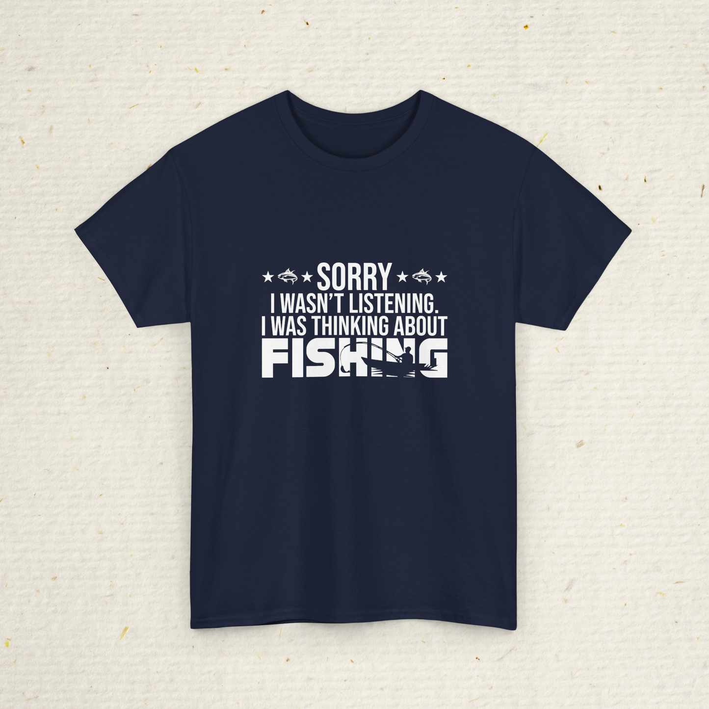 Navy blueMen's fishing t-shirt with white text on a textured beige background
