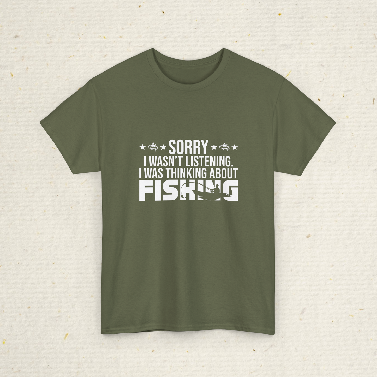 Men's Green fishing t-shirt with white text on a textured beige background