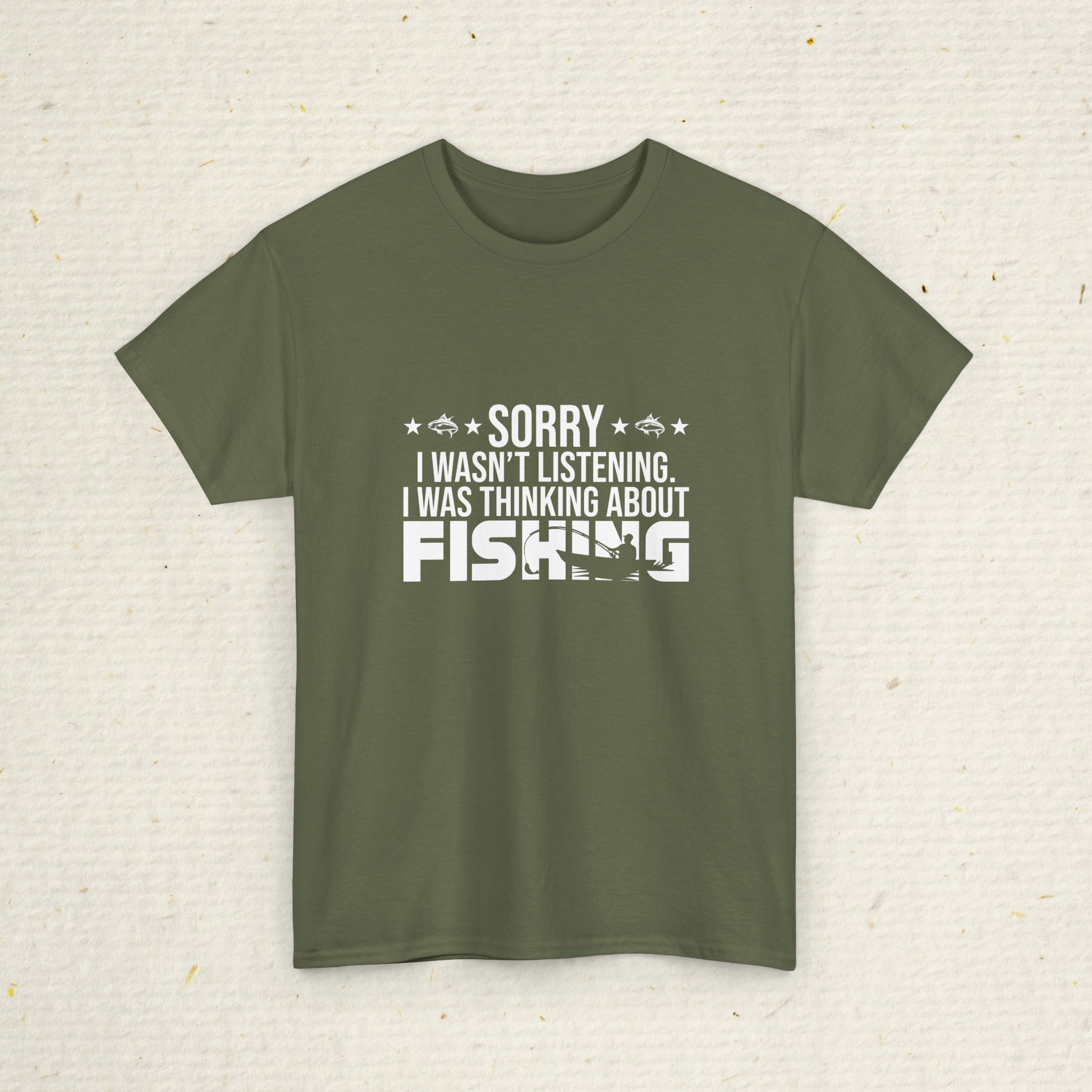 Men's Green fishing t-shirt with white text on a textured beige background