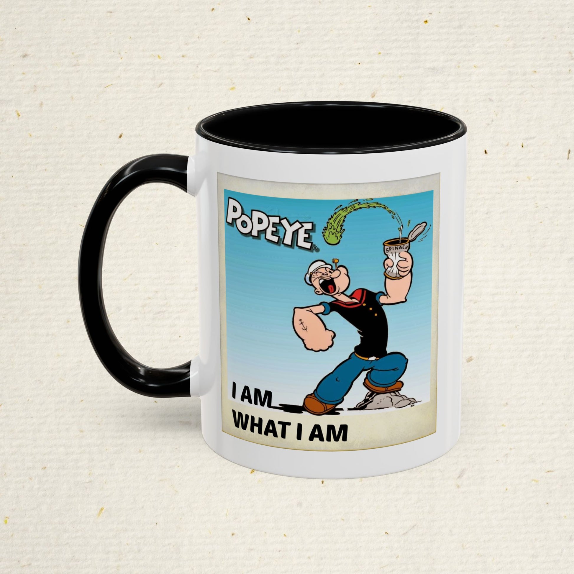Popeye "I Am What I Am" Coffee Mug for lovers of vintage cartoons. Coffee cup gift for him. Funny novelty ceramic mug. Fun Kitchen Decor.