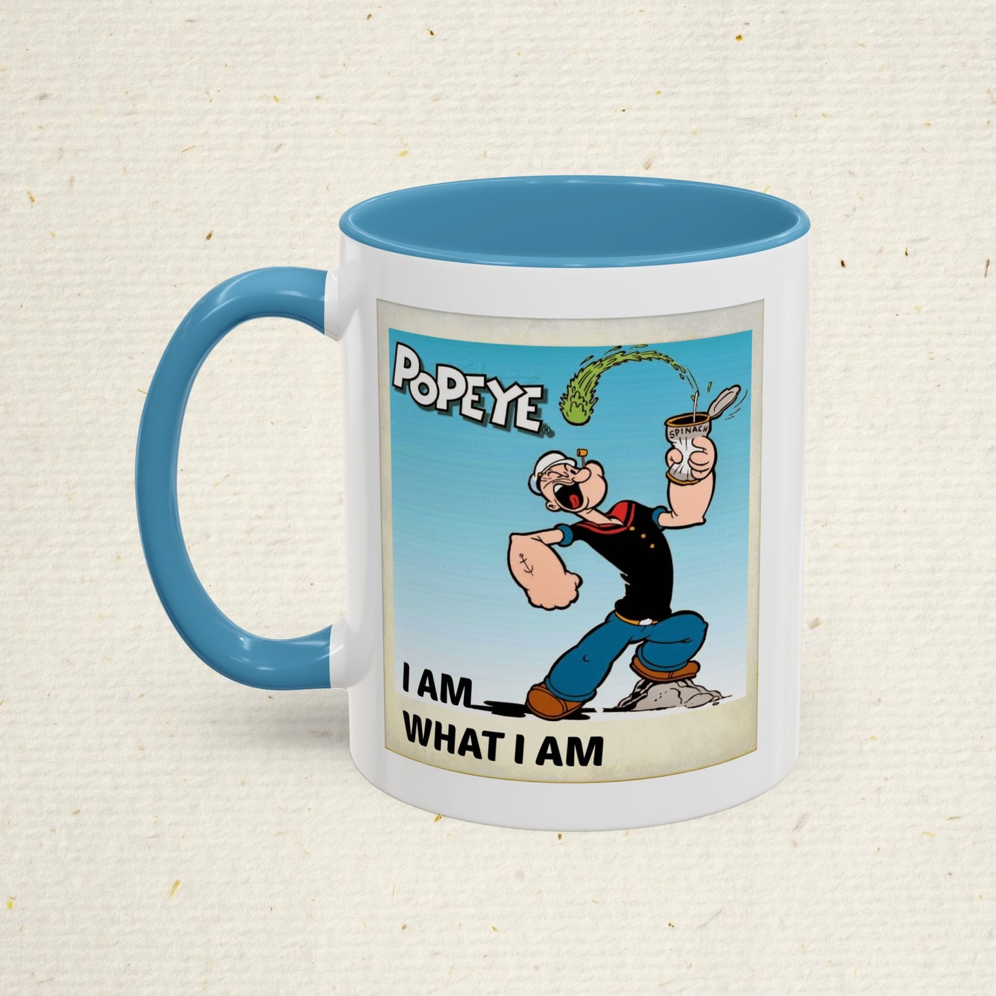 Popeye "I Am What I Am" Coffee Mug for lovers of vintage cartoons. Coffee cup gift for him. Funny novelty ceramic mug. Fun Kitchen Decor.