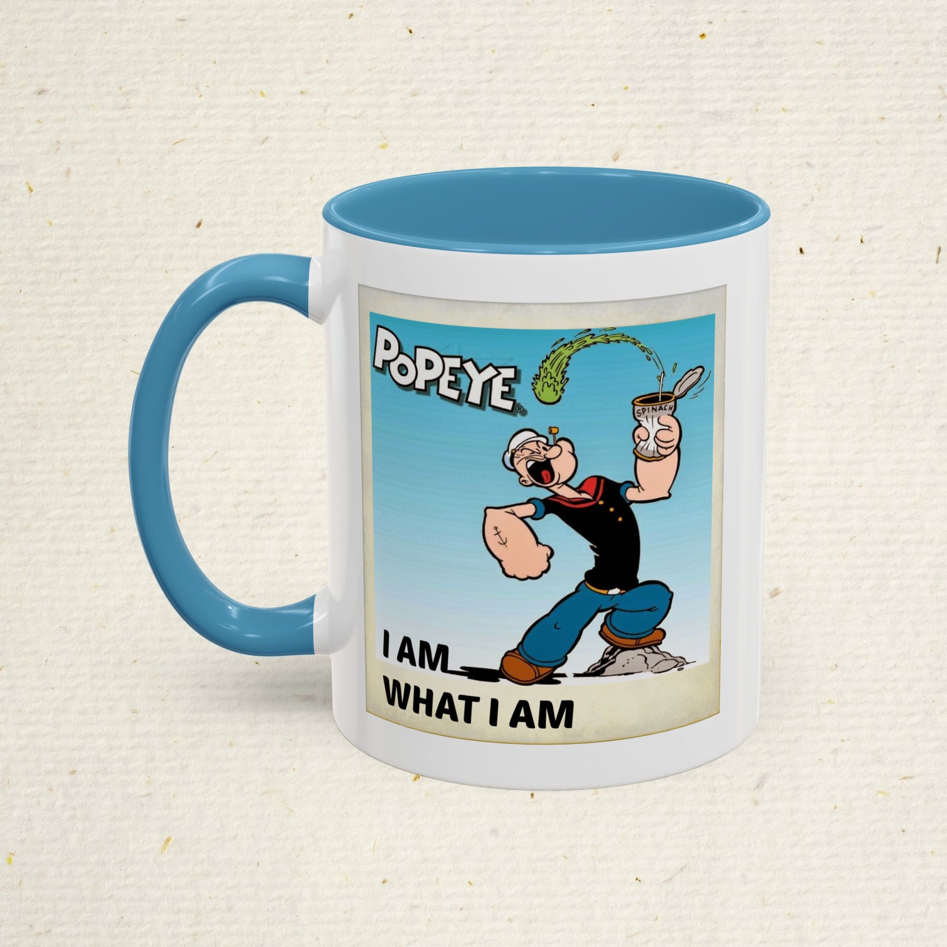 Popeye "I Am What I Am" Coffee Mug for lovers of vintage cartoons. Coffee cup gift for him. Funny novelty ceramic mug. Fun Kitchen Decor.