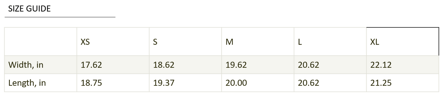 Size guide with measurements for XS, S, M, L, and XL in both width and length.