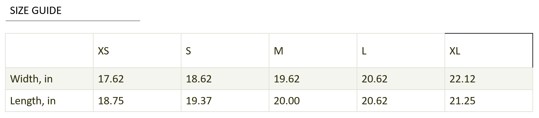 Size guide with measurements for XS, S, M, L, and XL in both width and length.