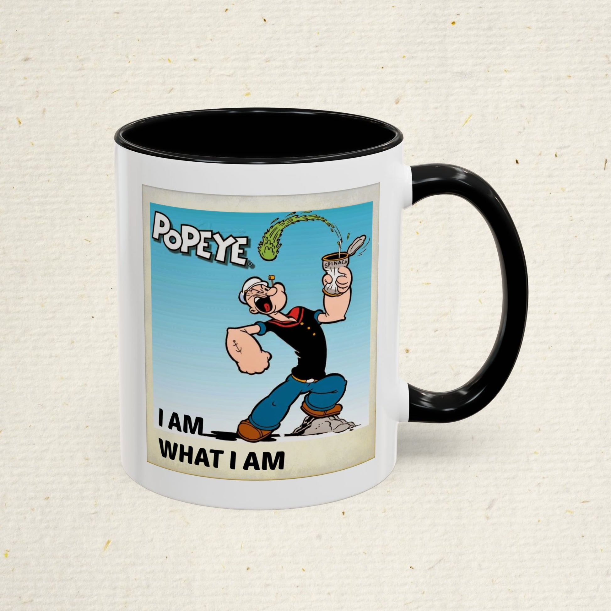 Popeye "I Am What I Am" Coffee Mug for lovers of vintage cartoons. Coffee cup gift for him. Funny novelty ceramic mug. Fun Kitchen Decor.