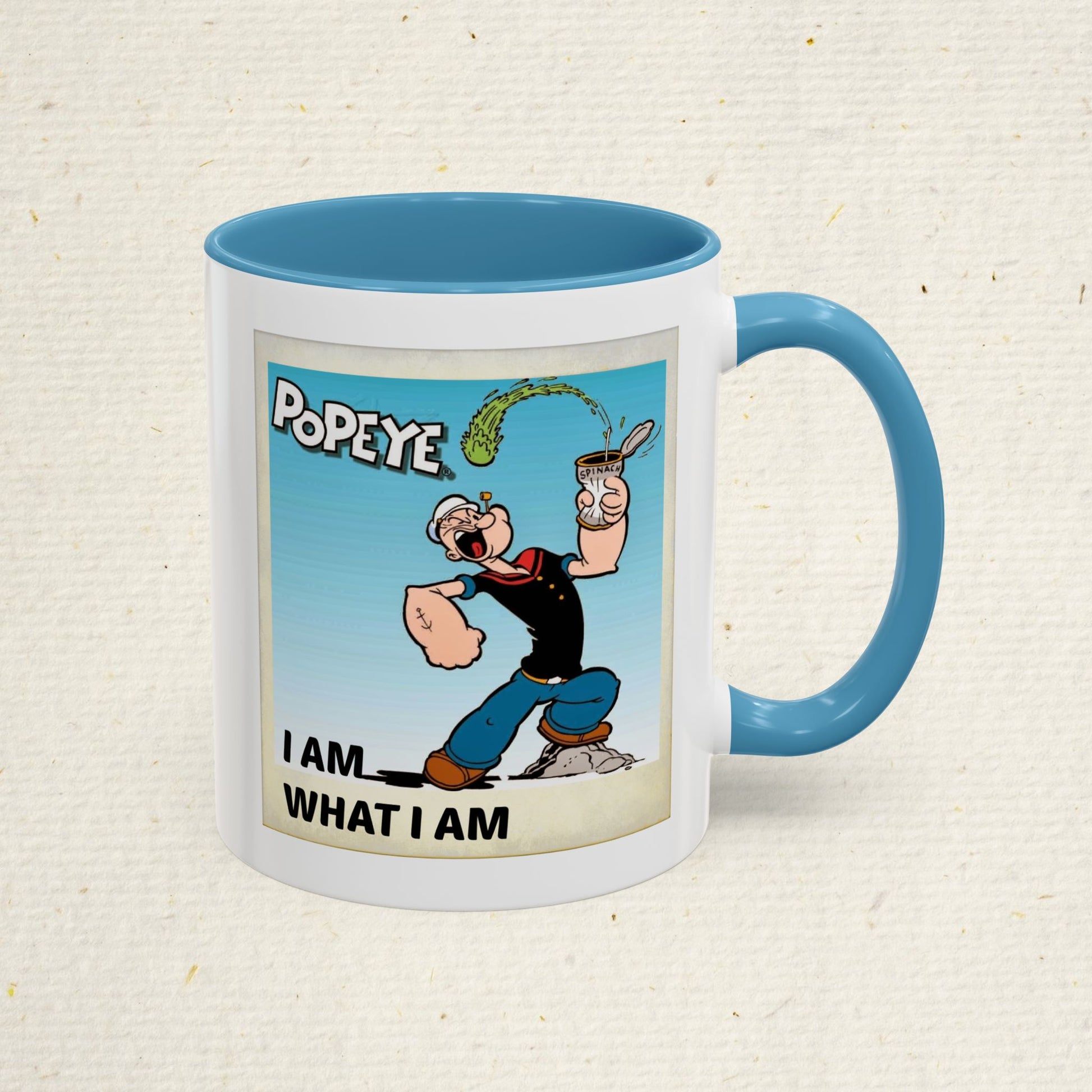 Popeye "I Am What I Am" Coffee Mug for lovers of vintage cartoons. Coffee cup gift for him. Funny novelty ceramic mug. Fun Kitchen Decor.