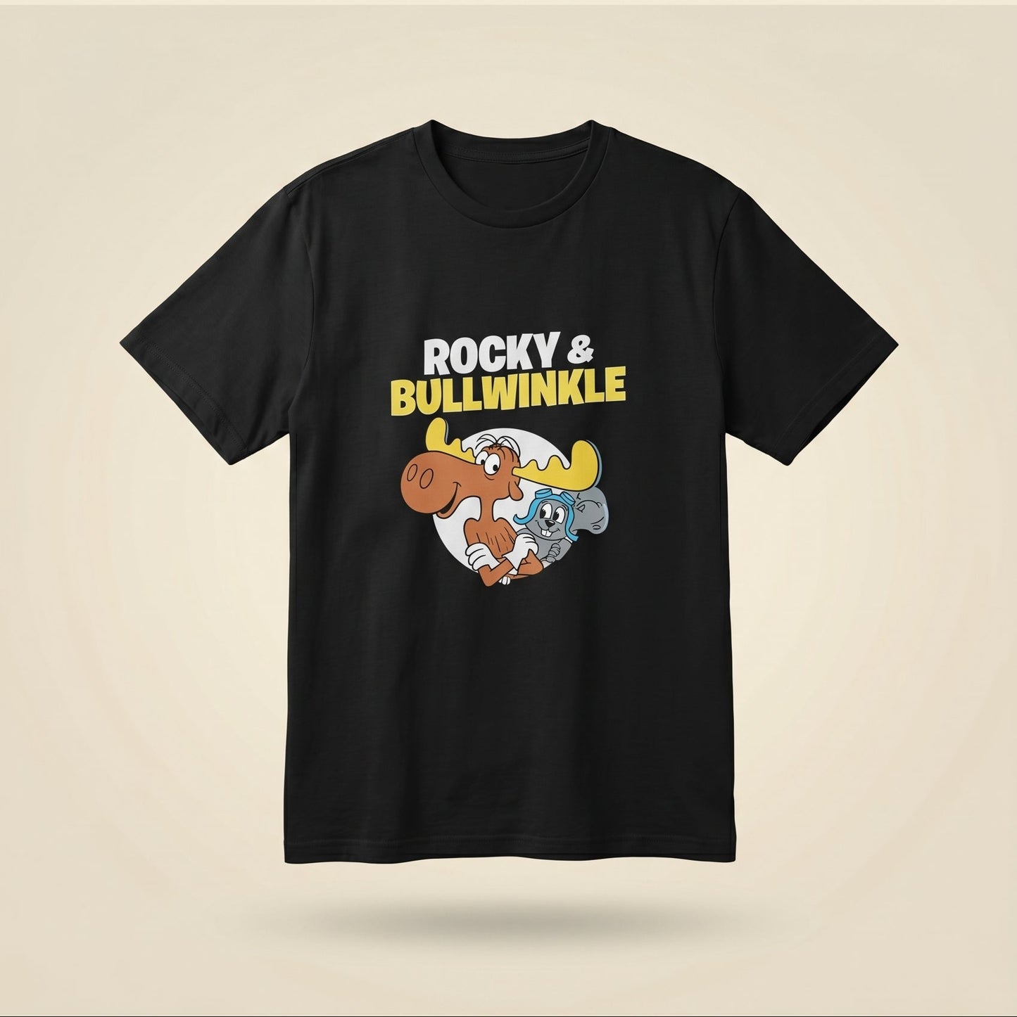 Black Rocky and Bullwinkle retro cartoon graphic t shirt on unisex cotton tee