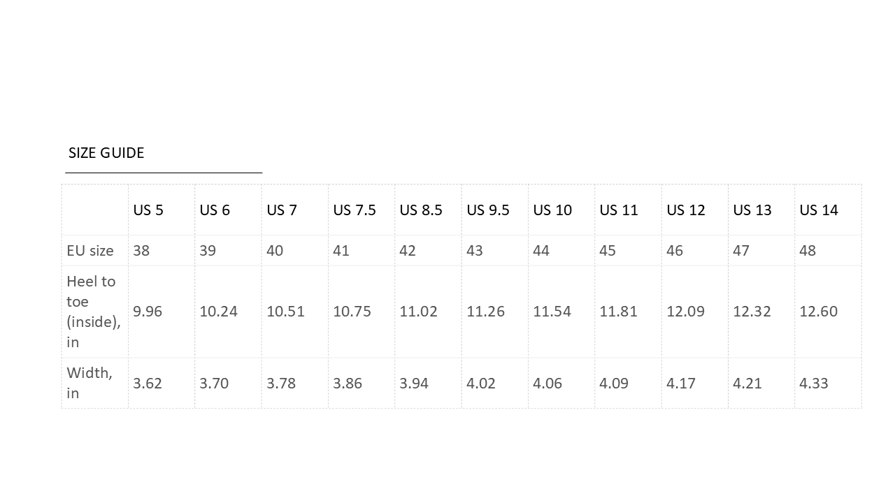 Size guide chart for shoes with measurements in US and EU sizes.