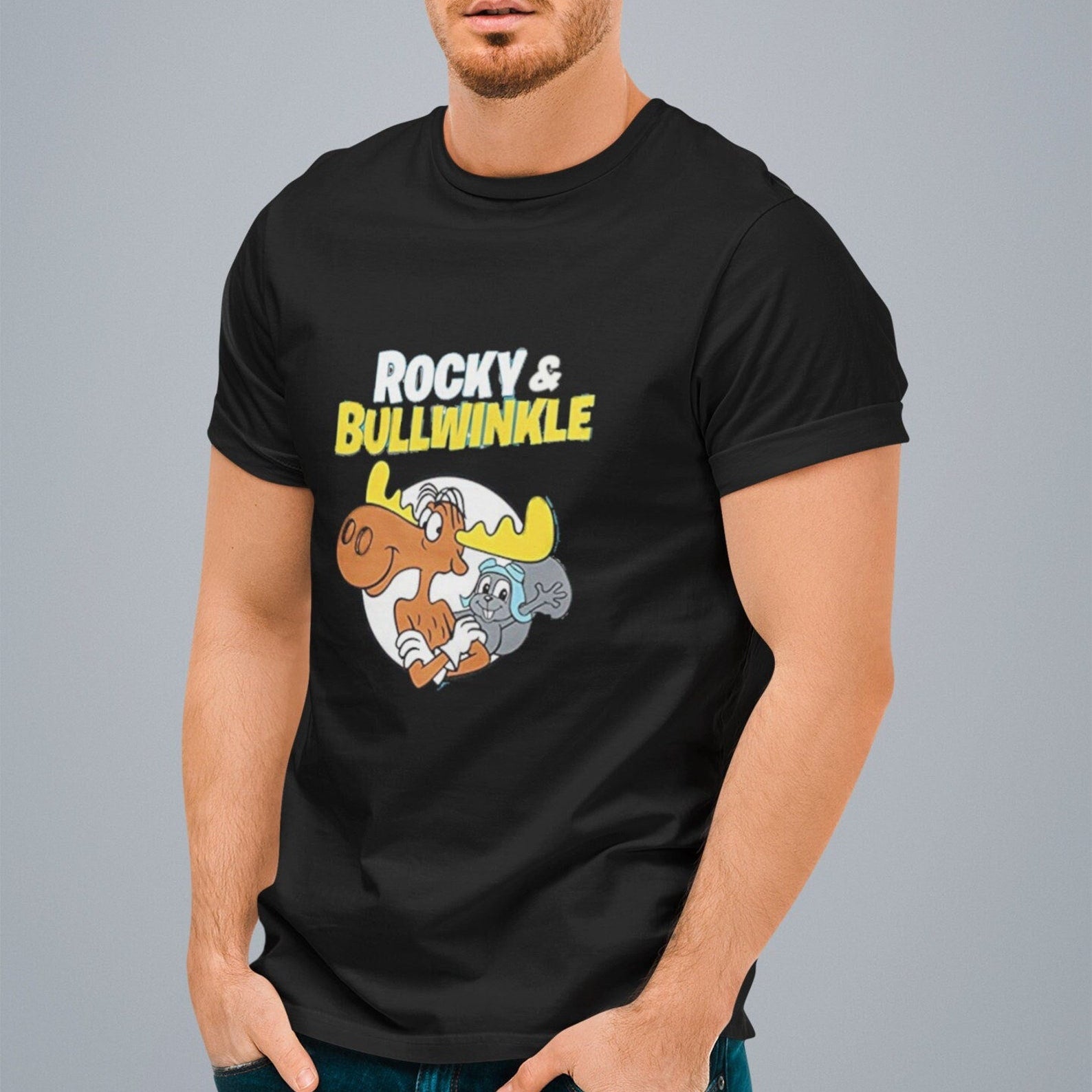 Black Rocky and Bullwinkle retro cartoon graphic t shirt on unisex cotton tee