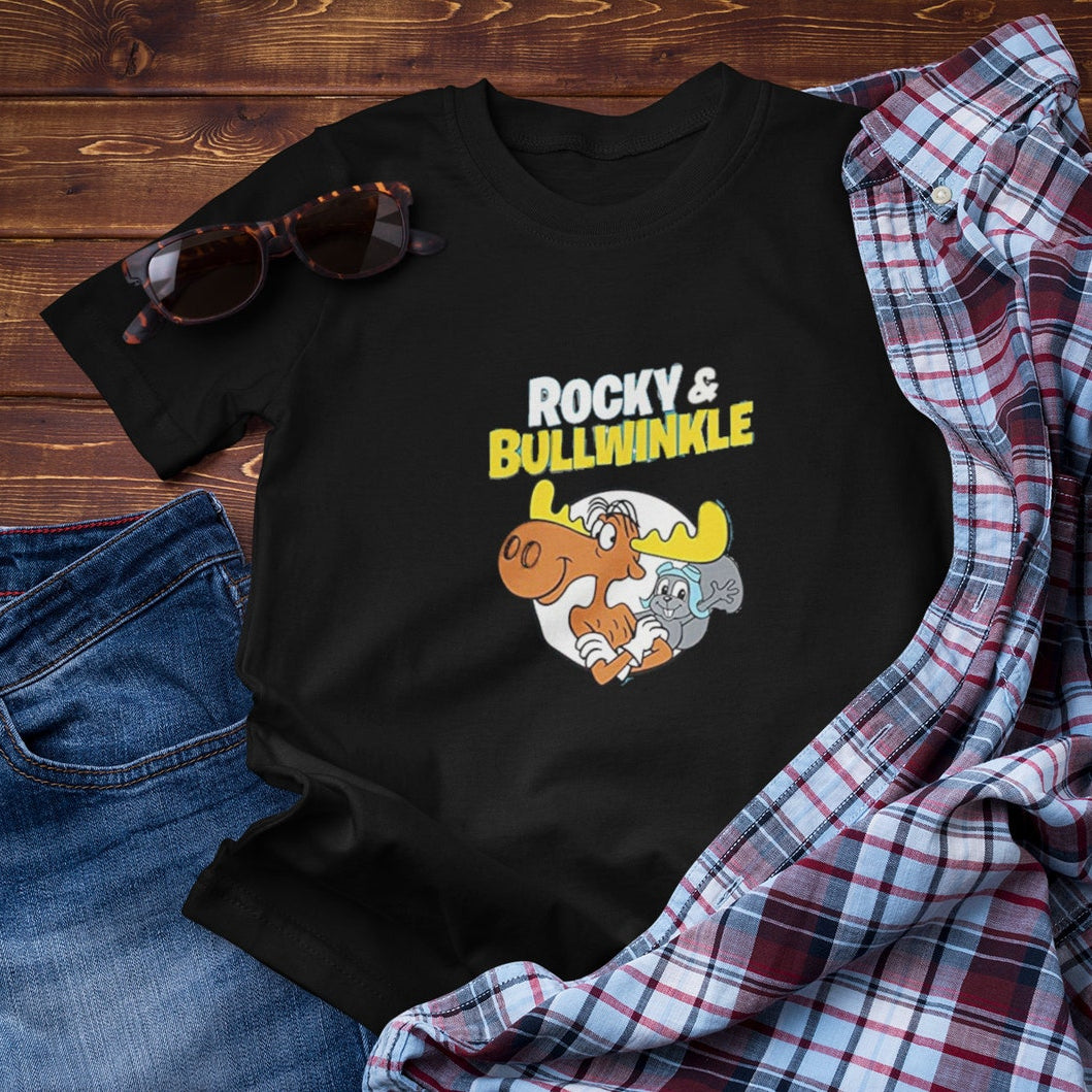 Black Rocky and Bullwinkle retro cartoon graphic t shirt on unisex cotton tee