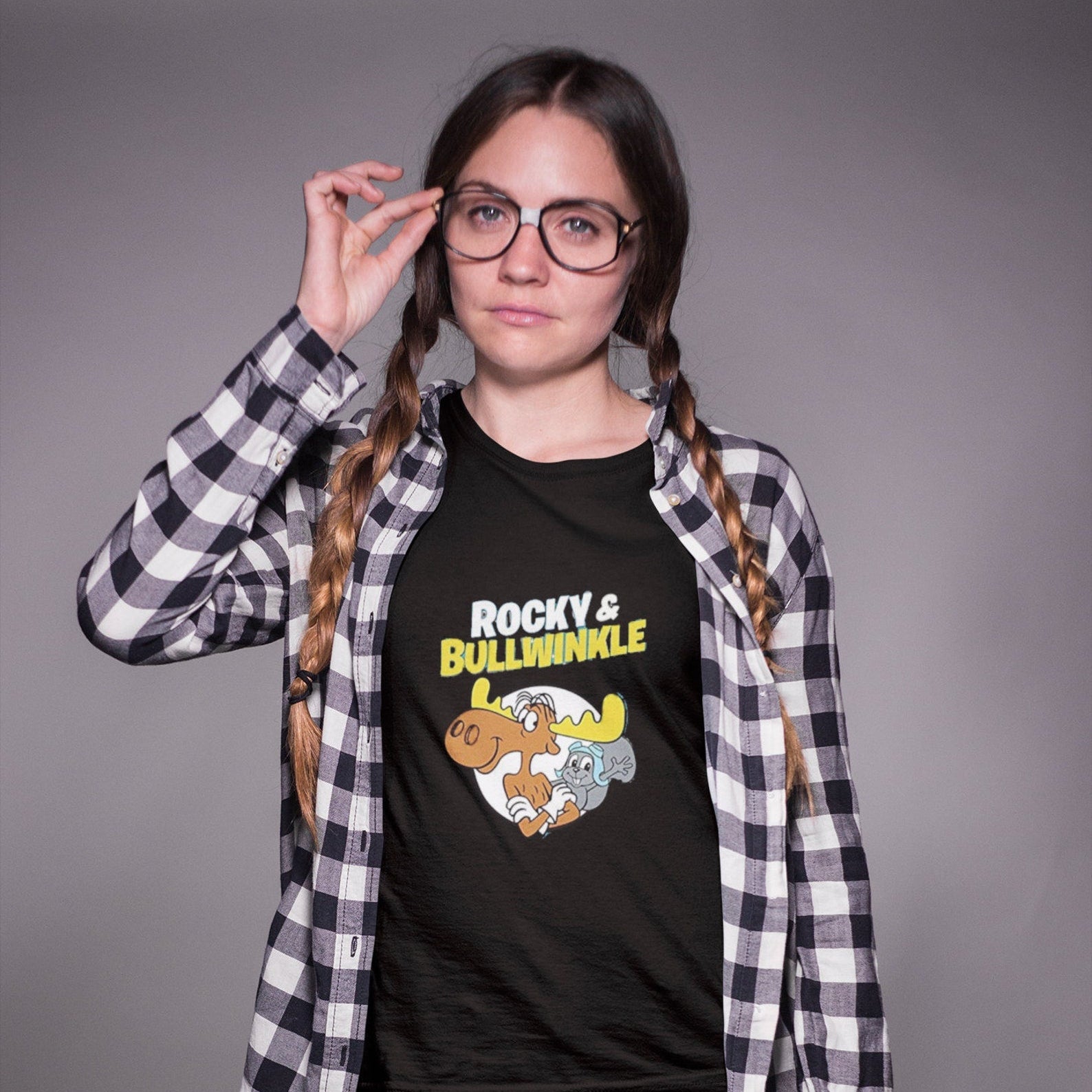 Black Rocky and Bullwinkle retro cartoon graphic t shirt on unisex cotton tee