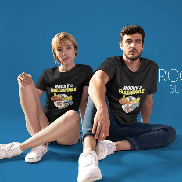 Black Rocky and Bullwinkle retro cartoon graphic t shirt on unisex cotton tee