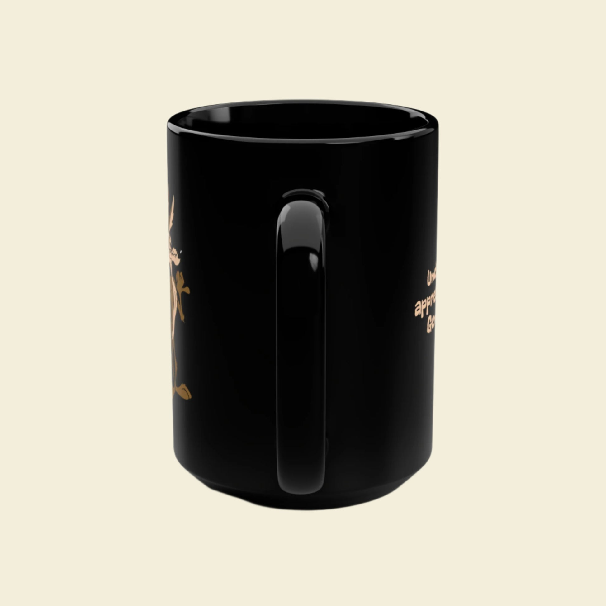 Wile E Coyote Black Coffee Mug. 15 ounce ceramic mug featuring vintage cartoon Coyote, Wile E.