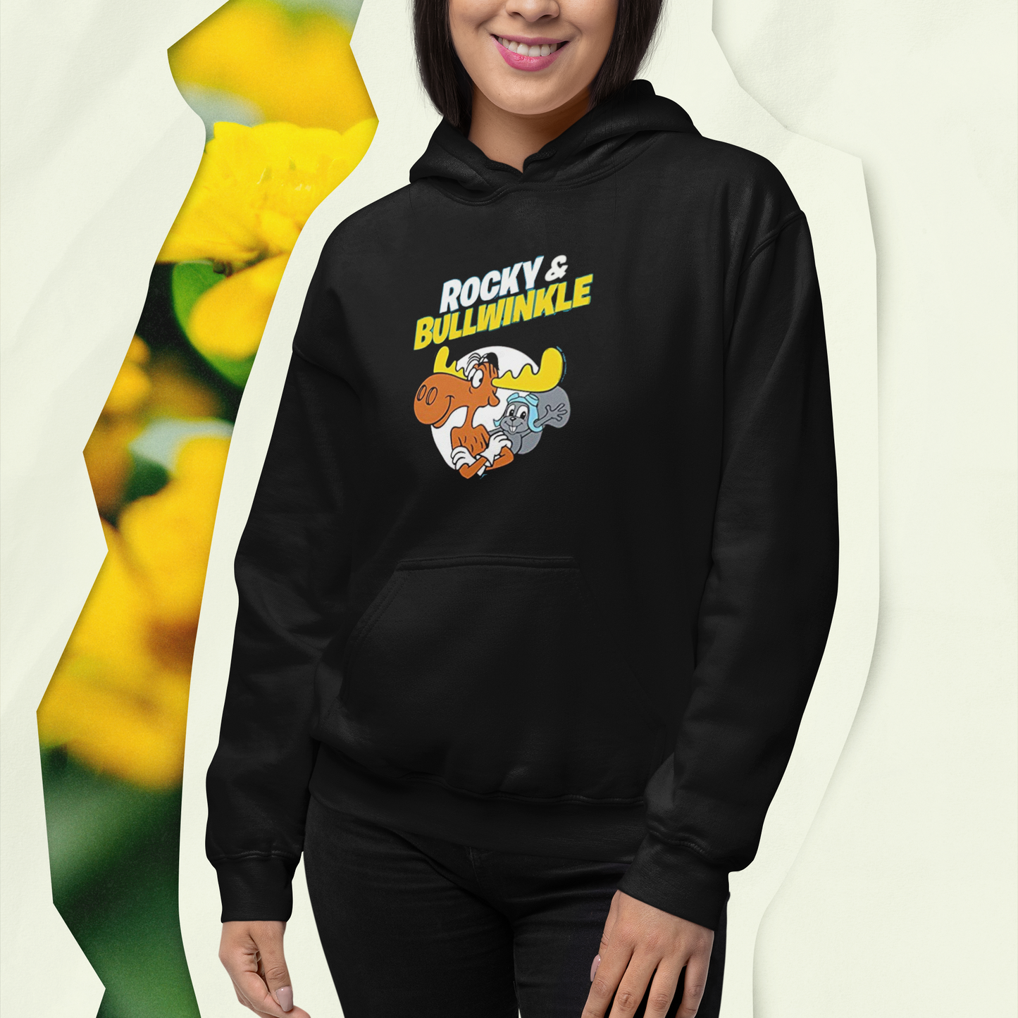 Black Rocky and Bullwinkle retro cartoon unisex hoodie with vintage graphic print
