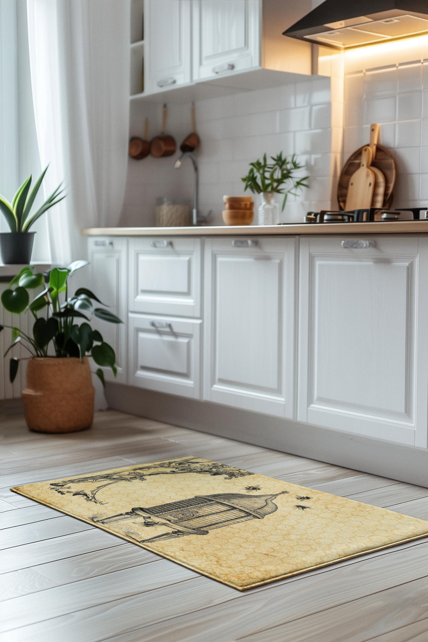 Vintage beehive welcome mat featuring antique bee illustration and honeycomb background for farmhouse home decor