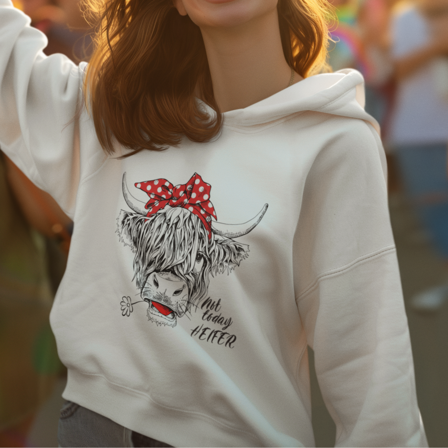 White Highland cow hoodie featuring hand-drawn cow with red polka dot bandana and Not Today Heifer graphic