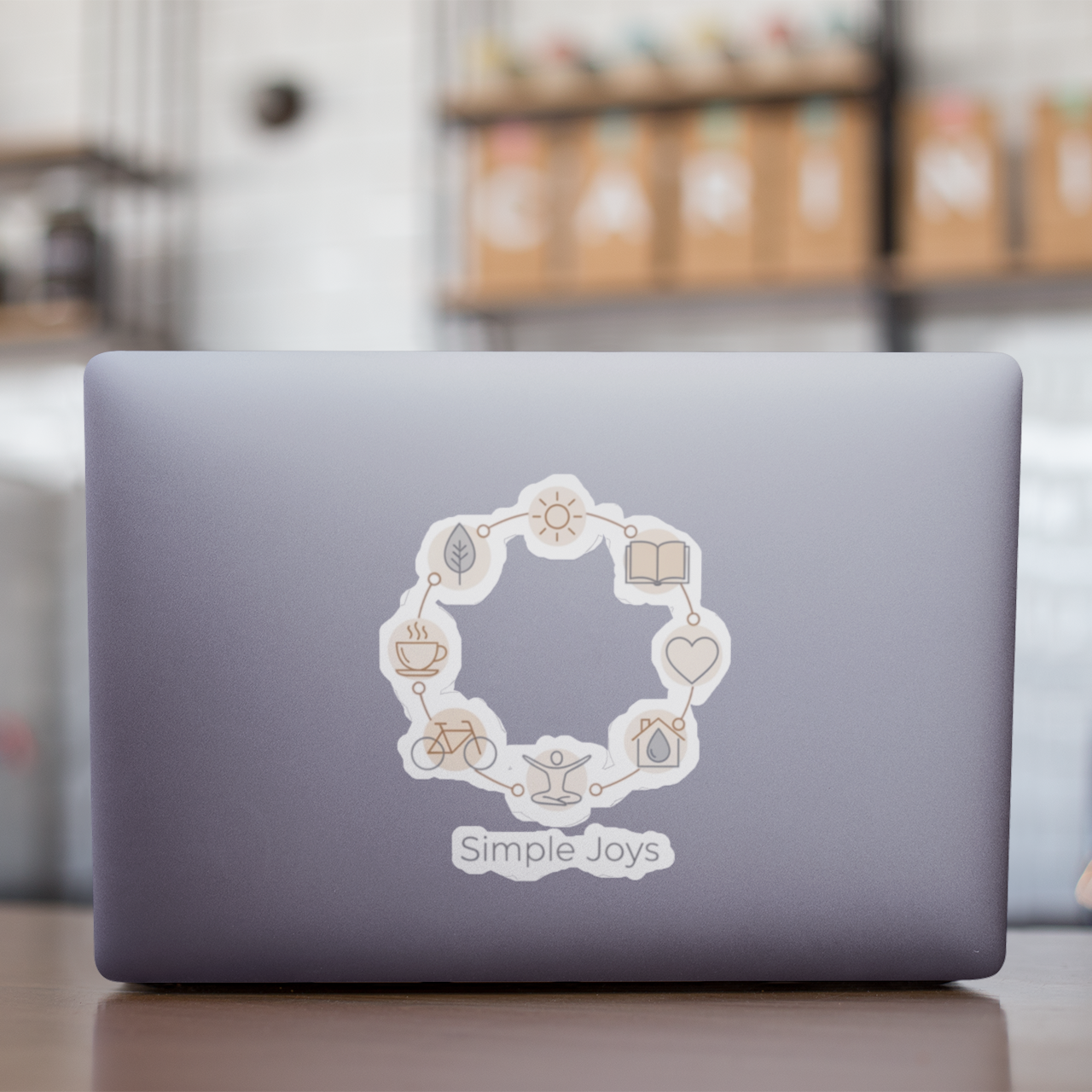 Minimalist “Simple Joys” one-line art sticker featuring Scandinavian line icons of the sun, leaf, book, tea, heart and bicycle. Aesthetic vinyl sticker perfect for laptops, journals, planners and minimalist decor.