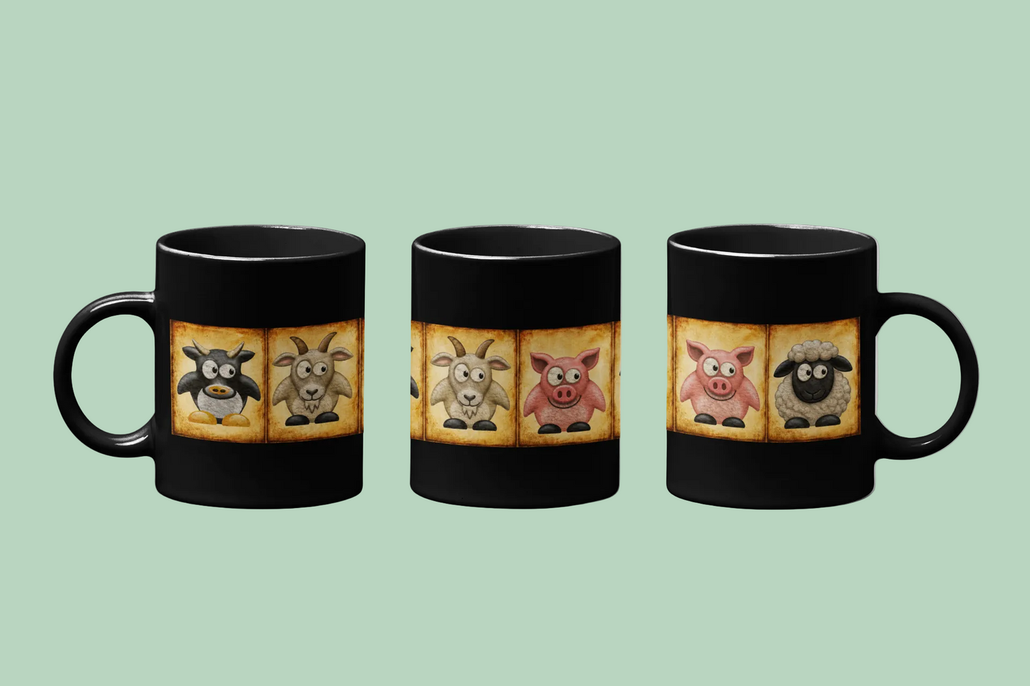 Black ceramic farm animal coffee mug featuring vintage goat pig and sheep artwork on a farmhouse-inspired design.