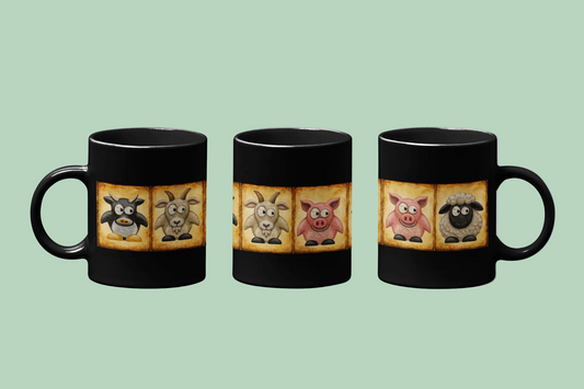 Black ceramic farm animal coffee mug featuring vintage goat pig and sheep artwork on a farmhouse-inspired design.