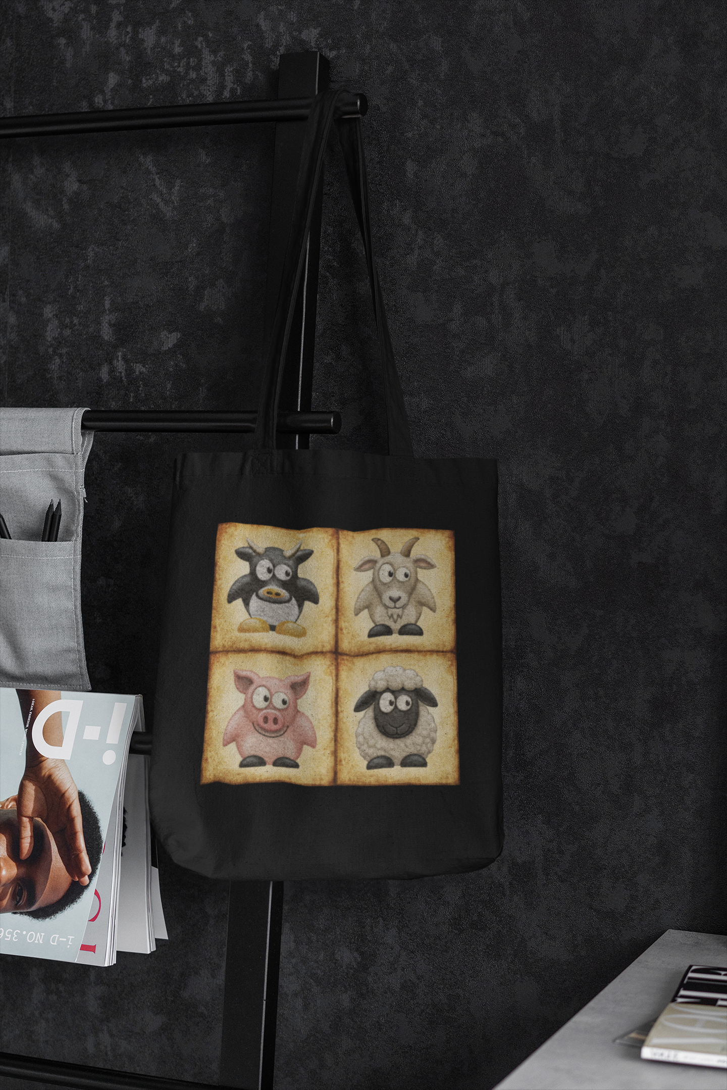 Black cotton canvas tote bag featuring vintage farm animal artwork with cow, goat, pig and sheep illustrations