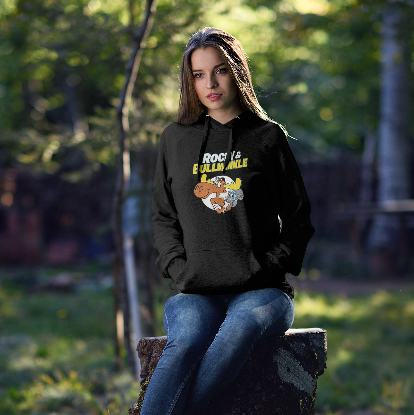Black Rocky and Bullwinkle retro cartoon crewneck sweatshirt with vintage graphic design