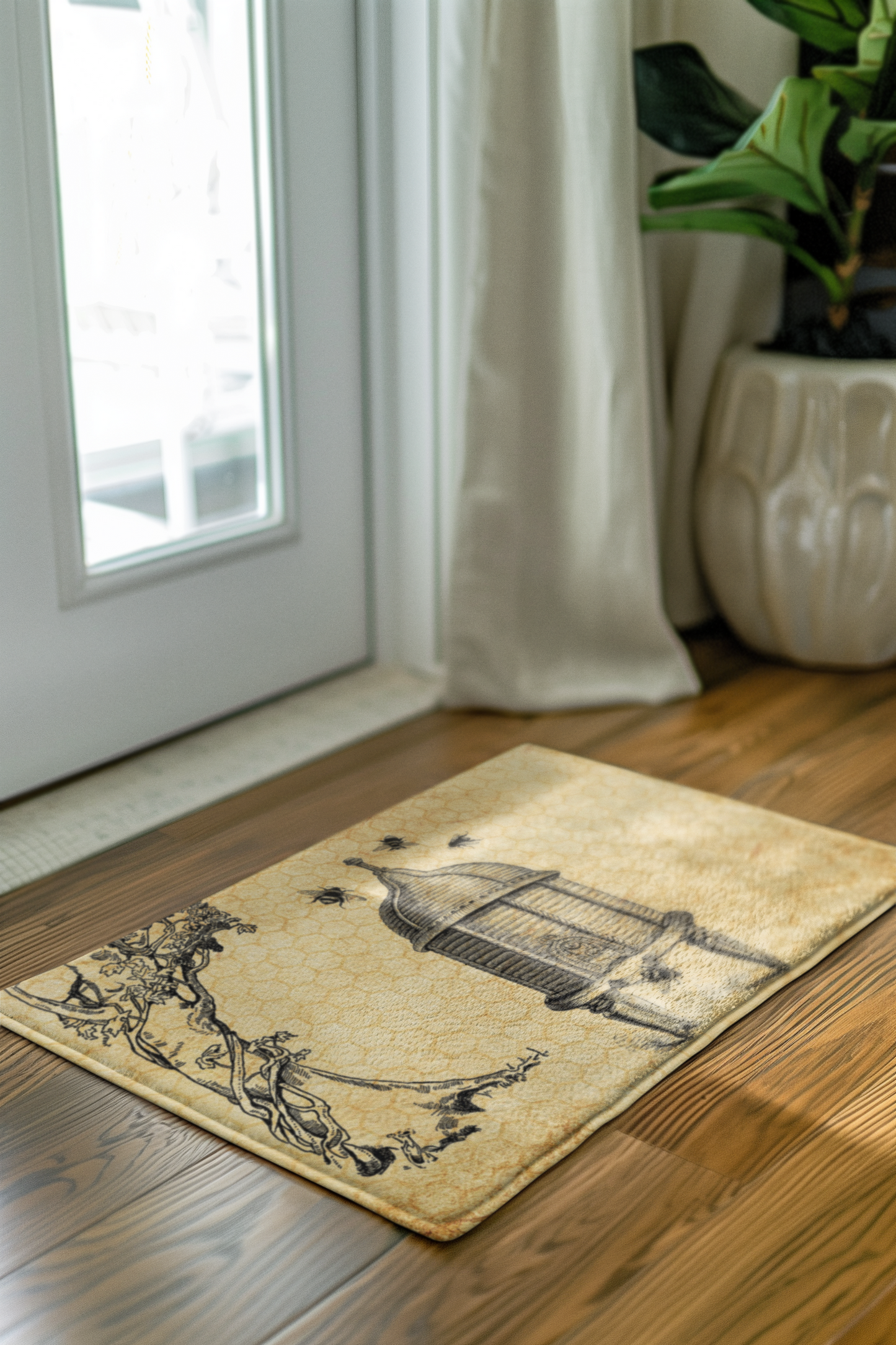 Vintage beehive welcome mat featuring antique bee illustration and honeycomb background for farmhouse home decor