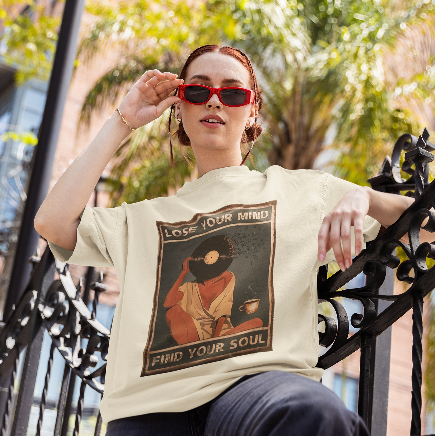 close up of vintage vinyl record graphic print on garment dyed t shirt