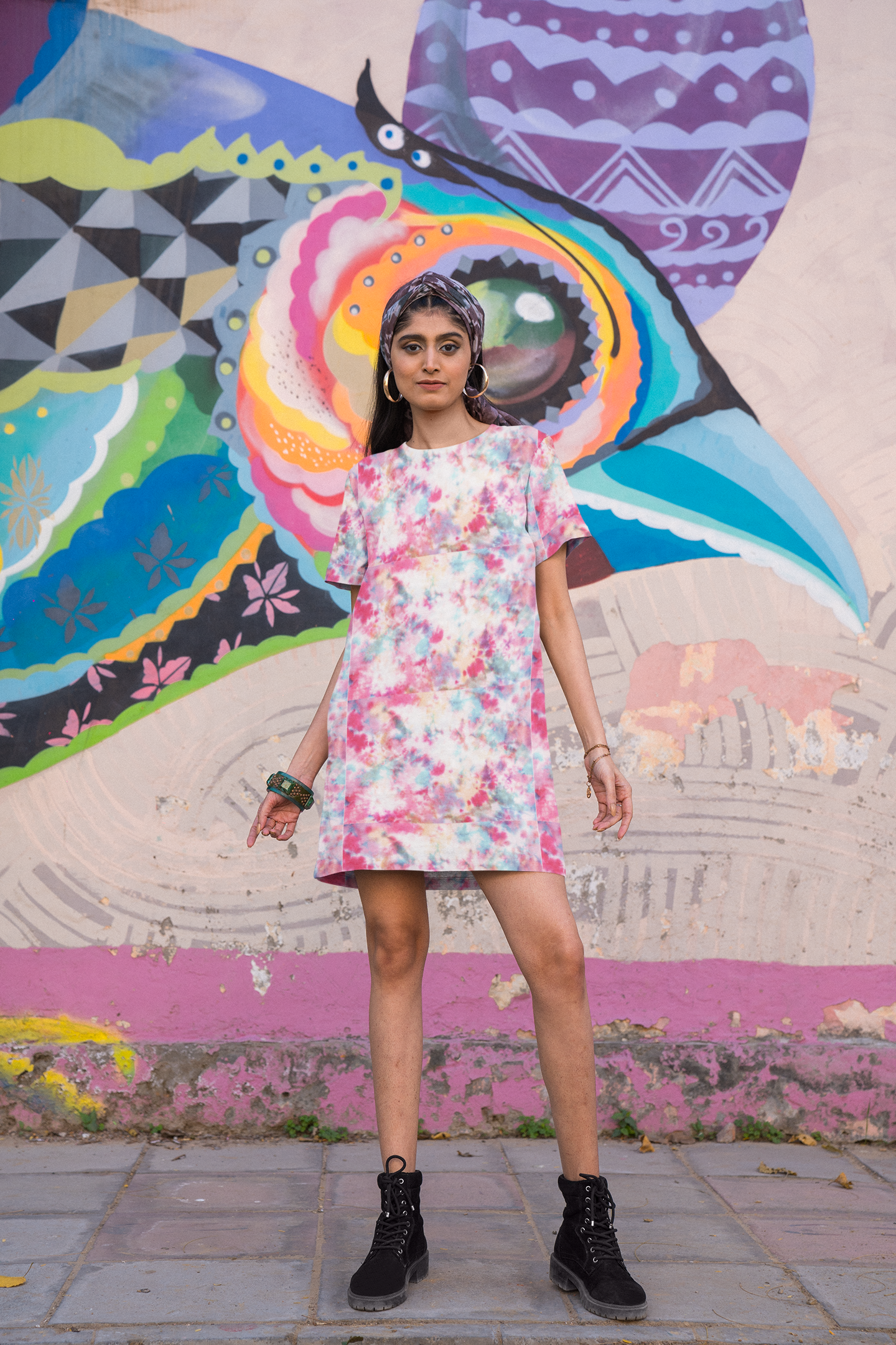 pink tie dye t shirt dress women casual